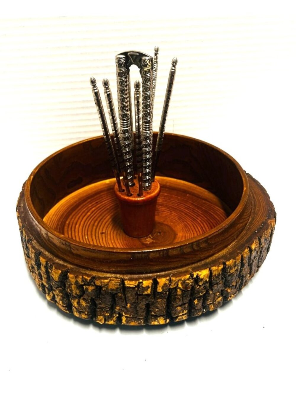Vintage Nutcracker bowl with picks and nutcracker Real tree bark rustic, wooden